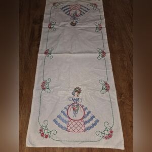 Embroidered Table Runner Dresser Scarf with Floral and Lady Design